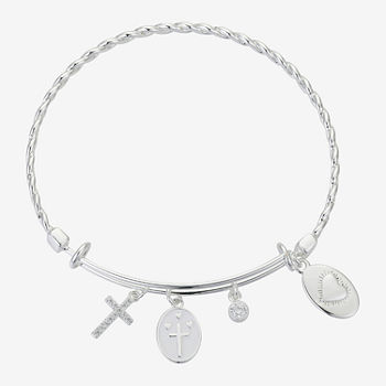 Footnotes Silver Tone Stainless Steel Cross Bangle Bracelet