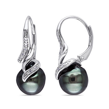 Genuine Black Tahitian Pearl & Diamond Accent Sterling Silver Earrings