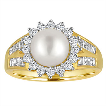 Cultured Freshwater Pearl & Lab-Created White Sapphire 14K Yellow Gold Over Silver Ring