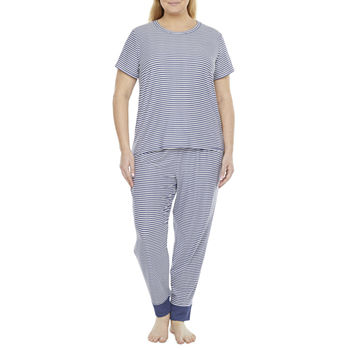 Jaclyn Magazine Stripe Family Sleep Womens Plus Short Sleeve 2-pc. Pant Pajama Set