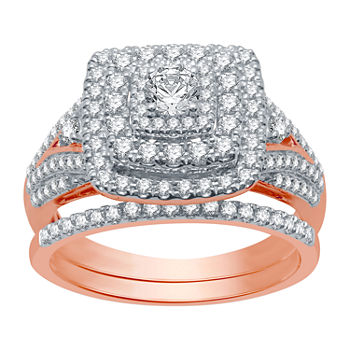 Ever Star Womens 1 CT. T.W. Lab Grown White Diamond 10K Rose Gold Halo Bridal Set