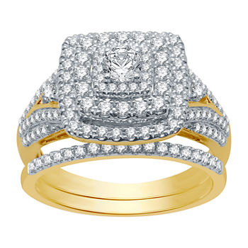 Ever Star Womens 1 CT. T.W. Lab Grown White Diamond 10K Gold Cushion Side Stone Halo Bridal Set