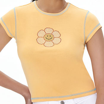 Forever 21 Juniors Womens Daisy Smile Rhinestone Embroidered Cropped Graphic Baby T-Shirt