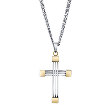 Mens Stainless Steel and Yellow IP Cross Pendant Necklace
