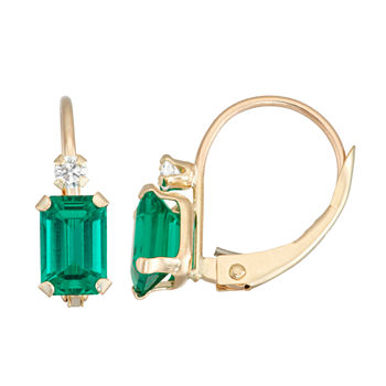 Lab Created Green Emerald 10K Gold Rectangular Drop Earrings