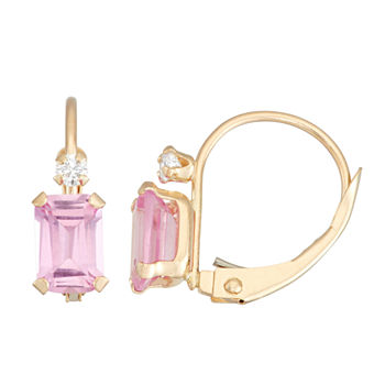 Lab Created Pink Sapphire 10K Gold Rectangular Drop Earrings