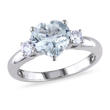 Womens Genuine Blue Aquamarine Sterling Silver Heart 3-Stone Engagement Ring
