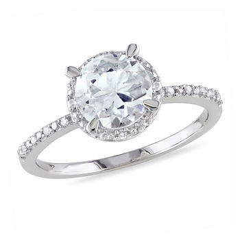 Modern Bride Gemstone Womens Diamond Accent Genuine Blue Aquamarine Sterling Silver Halo Engagement Ring