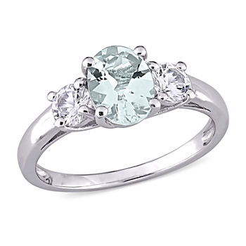 Womens Genuine Blue Aquamarine Sterling Silver 3-Stone Engagement Ring
