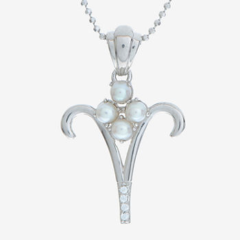 Aries Zodiac Cultured Freshwater Pearl and CZ Sterling Silver Pendant Necklace