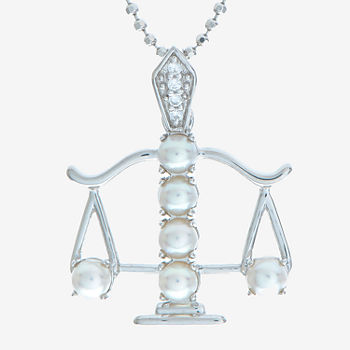 Libra Zodiac Cultured Freshwater Pearl and CZ Sterling Silver Pendant Necklace
