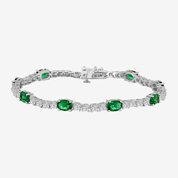 Simulated Emerald and Cubic Zirconia Sterling Silver Over Brass Bracelet