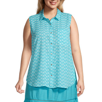 Liz Claiborne Plus Womens Sleeveless Loose Fit Button-Down Shirt