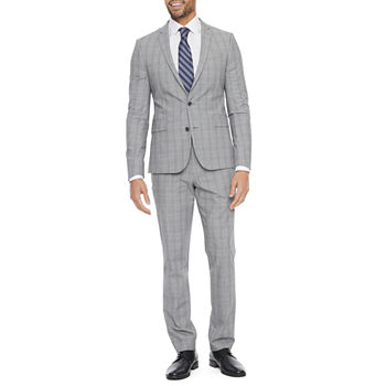 JF J.Ferrar 360 Men's Gray Plaid Super Slim Fit Suit Separates