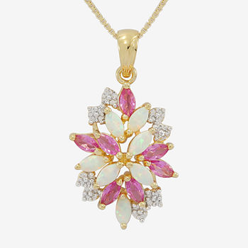 14K Gold Over Silver Lab-Created Opal & Pink and White Lab-Created Sapphire Cluster Pendant Necklace