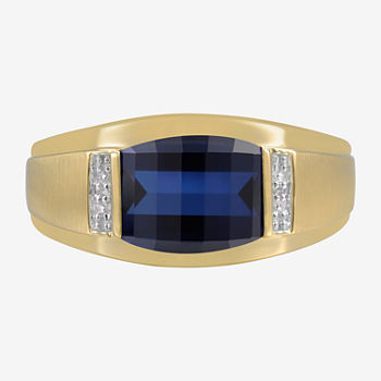 Mens Lab-Created Blue Sapphire & Diamond-Accent 10K Yellow Gold Ring