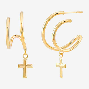 Religious Jewelry 14K Gold 35mm Cross Hoop Earrings