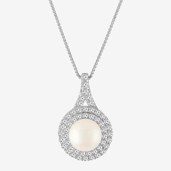 Womens Cultured Freshwater Pearl & Lab-Created White Sapphire Sterling Silver Pendant Necklace