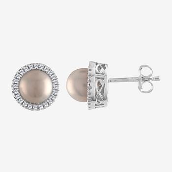 Cultured Freshwater Pearl & Lab-Created White Sapphire Sterling Silver Stud Earrings