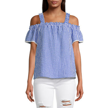 by&by Juniors Womens Square Neck Cold Shoulder Gingham Top