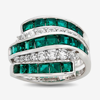 Lab-Created Emerald & Lab-Created White Sapphire Sterling Silver Cocktail Ring