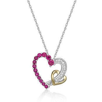 Womens Lab Created Red Ruby 10K Gold Over Silver Heart Pendant Necklace