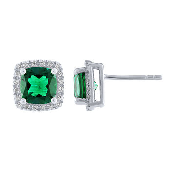 Cushion Lab-Created Emerald White Sapphire Sterling Silver Stud Earrings