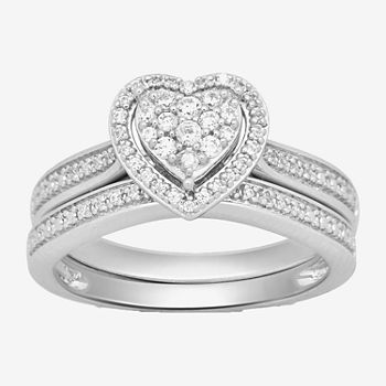 Surrounded by Love Womens 1/4 CT. T.W. Genuine White Diamond Sterling Silver Heart Side Stone Halo Bridal Set