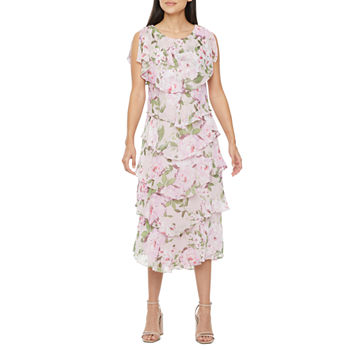 S. L. Fashions Short Sleeve Embellished Floral Midi Shift Dress