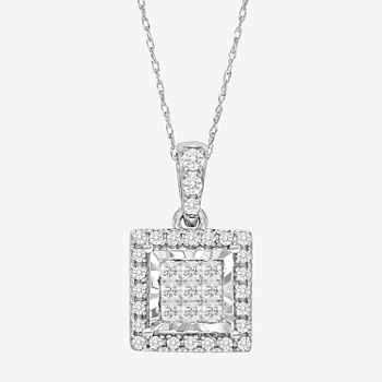 Tru Miracle Womens Genuine White Diamond 10K White Gold Square Pendant Necklace