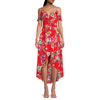 by&by Juniors Womens Cold Shoulder Floral High-Low Fit + Flare Dress