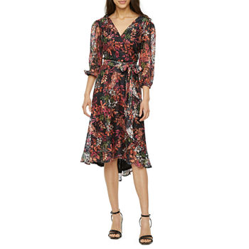 Danny & Nicole 3/4 Sleeve Floral High-Low Fit + Flare Dress
