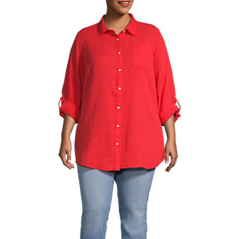 St. John's Bay Plus Womens Long Sleeve Button-Down Shirt