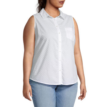 St. John's Bay Plus Womens Sleeveless Regular Fit Button-Down Shirt