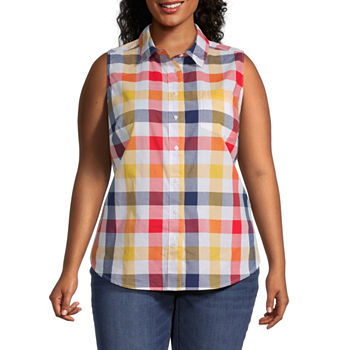 St. John's Bay Plus Womens Sleeveless Adaptive Regular Fit Button-Down Shirt