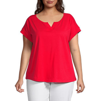 St. John's Bay Womens Plus Y Neck Short Sleeve T-Shirt