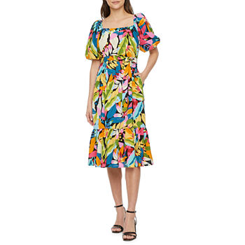 Maia Short Sleeve Tropical Print Midi Fit + Flare Dress
