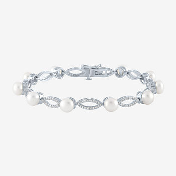 Lab Created White Cultured Freshwater Pearl Sterling Silver Tennis Bracelet