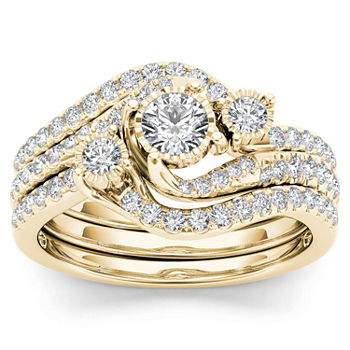 Love Lives Forever Womens 3/4 CT. T.W. Genuine White Diamond 14K Gold Round 3-Stone Bypass  Bridal Set