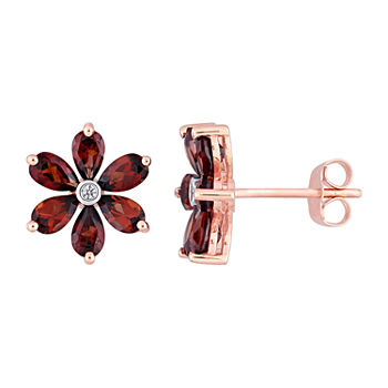 Diamond Accent Genuine Red Garnet 10K Rose Gold 13mm Flower Stud Earrings