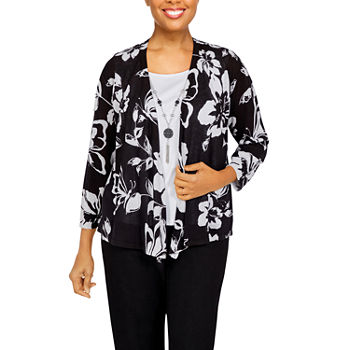 Alfred Dunner Portofino Womens Crew Neck Long Sleeve Floral Layered Sweaters