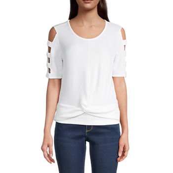 by&by Juniors Womens Round Neck Cut Out Sleeve Top
