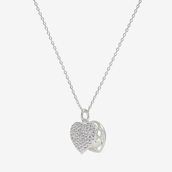 Sparkle Allure Cubic Zirconia Simulated Pearl Pure Silver Over Brass 16 Inch Link Heart Locket Necklace
