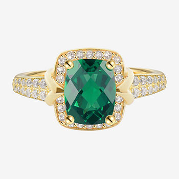 Womens Lab Created Green Emerald 14K Gold Over Silver Cocktail Ring