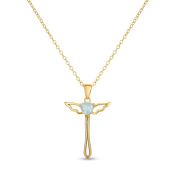 Heart Womens Lab Created White Opal 18K Gold Over Silver Sterling Silver Cross Pendant Necklace