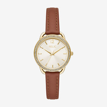 Relic By Fossil Womens Crystal Accent Brown Leather Strap Watch Zr34636
