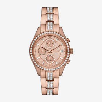 Relic By Fossil Womens Multi-Function Crystal Accent Rose Goldtone Bracelet Watch Zr15991