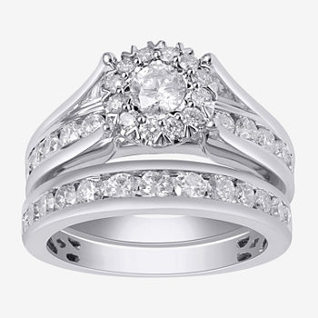 Womens 2 CT. T.W. Genuine White Diamond 14K White Gold Round Side Stone Halo Bridal Set