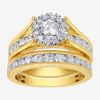 Womens 2 CT. T.W. Genuine White Diamond 14K Gold Round Side Stone Halo Bridal Set