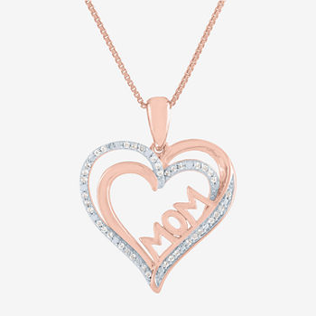 "Mom" Womens 1/10 CT. T.W. Genuine White Diamond 14K Rose Gold Over Silver Heart Pendant Necklace